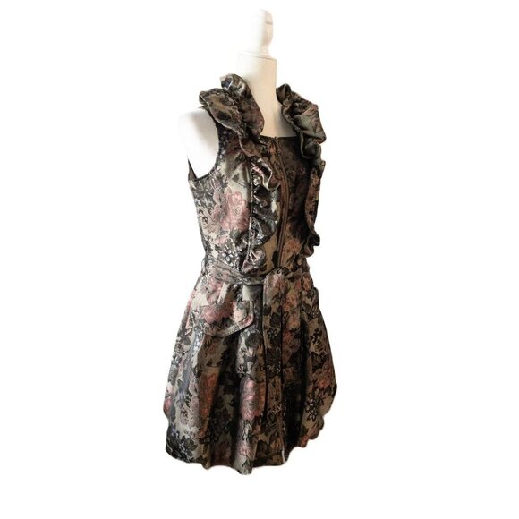 Samuel Dong Pink Floral Brocade Sleeveless Ruffled Dress With Belt SZ S  Bubble - Picture 5 of 12
